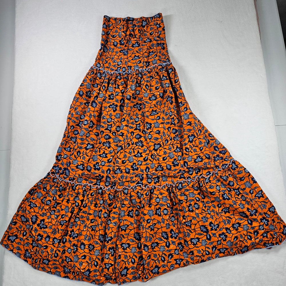 Unbranded Strapless Maxi Dress Womens Small Orange Blue Floral Tiered Excellent